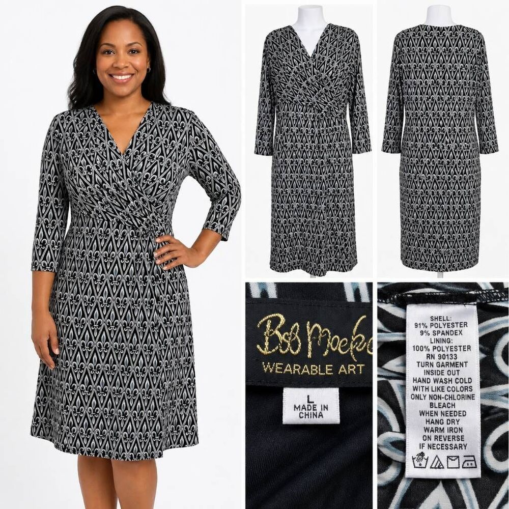Bob Mackie Wearable Art Black White Geometric Print Dress L